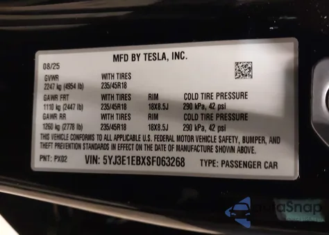 2025 Tesla Model 3 Long Range All-Wheel Drive из США, поврежденный, VIN 5YJ3E1EBXSF063268